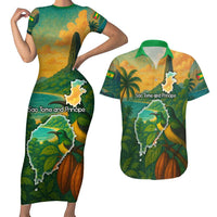 Sao Tome and Principe Tropical Island Couples Matching Short Sleeve Bodycon Dress and Hawaiian Shirt with Bird and Cocoa Forest Print