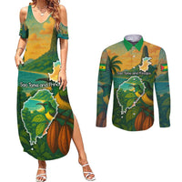 Sao Tome and Principe Tropical Island Couples Matching Summer Maxi Dress and Long Sleeve Button Shirt with Bird and Cocoa Forest Print
