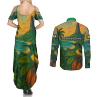 Sao Tome and Principe Tropical Island Couples Matching Summer Maxi Dress and Long Sleeve Button Shirt with Bird and Cocoa Forest Print