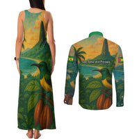 Sao Tome and Principe Tropical Island Couples Matching Tank Maxi Dress and Long Sleeve Button Shirt with Bird and Cocoa Forest Print