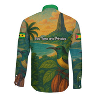 Sao Tome and Principe Tropical Island Long Sleeve Button Shirt with Bird and Cocoa Forest Print