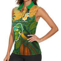 Sao Tome and Principe Tropical Island Women Sleeveless Polo Shirt with Bird and Cocoa Forest Print