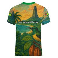 Sao Tome and Principe Tropical Island Women V-Neck T-Shirt with Bird and Cocoa Forest Print
