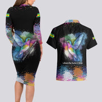 Where the Sunbird Sings Couples Matching Long Sleeve Bodycon Dress and Hawaiian Shirt with Sao Tome and Principe Flag and Color Splash Art