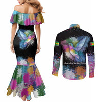 Where the Sunbird Sings Couples Matching Mermaid Dress and Long Sleeve Button Shirt with Sao Tome and Principe Flag and Color Splash Art