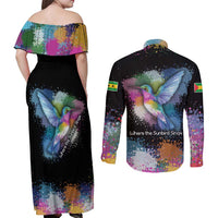 Where the Sunbird Sings Couples Matching Off Shoulder Maxi Dress and Long Sleeve Button Shirt with Sao Tome and Principe Flag and Color Splash Art