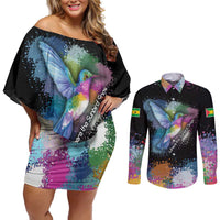 Where the Sunbird Sings Couples Matching Off Shoulder Short Dress and Long Sleeve Button Shirt with Sao Tome and Principe Flag and Color Splash Art