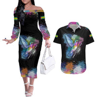 Where the Sunbird Sings Couples Matching Off The Shoulder Long Sleeve Dress and Hawaiian Shirt with Sao Tome and Principe Flag and Color Splash Art