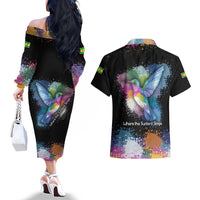 Where the Sunbird Sings Couples Matching Off The Shoulder Long Sleeve Dress and Hawaiian Shirt with Sao Tome and Principe Flag and Color Splash Art