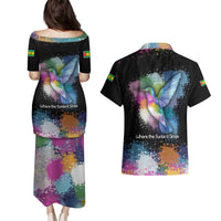 Where the Sunbird Sings Couples Matching Puletasi and Hawaiian Shirt with Sao Tome and Principe Flag and Color Splash Art