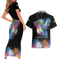 Where the Sunbird Sings Couples Matching Short Sleeve Bodycon Dress and Hawaiian Shirt with Sao Tome and Principe Flag and Color Splash Art