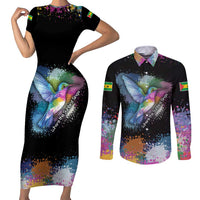 Where the Sunbird Sings Couples Matching Short Sleeve Bodycon Dress and Long Sleeve Button Shirt with Sao Tome and Principe Flag and Color Splash Art