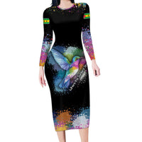 Where the Sunbird Sings Long Sleeve Bodycon Dress with Sao Tome and Principe Flag and Color Splash Art
