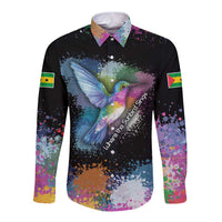 Where the Sunbird Sings Long Sleeve Button Shirt with Sao Tome and Principe Flag and Color Splash Art