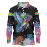 Where the Sunbird Sings Long Sleeve Polo Shirt with Sao Tome and Principe Flag and Color Splash Art