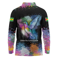 Where the Sunbird Sings Long Sleeve Polo Shirt with Sao Tome and Principe Flag and Color Splash Art