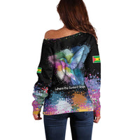 Where the Sunbird Sings Off Shoulder Sweater with Sao Tome and Principe Flag and Color Splash Art