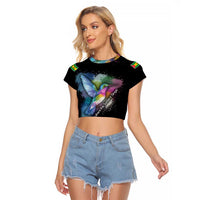 Where the Sunbird Sings Raglan Cropped T Shirt with Sao Tome and Principe Flag and Color Splash Art