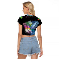 Where the Sunbird Sings Raglan Cropped T Shirt with Sao Tome and Principe Flag and Color Splash Art