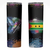 Where the Sunbird Sings Skinny Tumbler with Sao Tome and Principe Flag and Color Splash Art