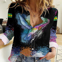 Where the Sunbird Sings Women Casual Shirt with Sao Tome and Principe Flag and Color Splash Art