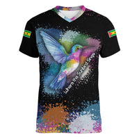 Where the Sunbird Sings Women V-Neck T-Shirt with Sao Tome and Principe Flag and Color Splash Art