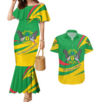 Sao Tome and Principe National Emblem Couples Matching Mermaid Dress and Hawaiian Shirt with Green Yellow Flag Pattern