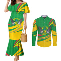 Sao Tome and Principe National Emblem Couples Matching Mermaid Dress and Long Sleeve Button Shirt with Green Yellow Flag Pattern