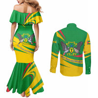Sao Tome and Principe National Emblem Couples Matching Mermaid Dress and Long Sleeve Button Shirt with Green Yellow Flag Pattern