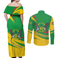 Sao Tome and Principe National Emblem Couples Matching Off Shoulder Maxi Dress and Long Sleeve Button Shirt with Green Yellow Flag Pattern