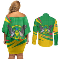 Sao Tome and Principe National Emblem Couples Matching Off Shoulder Short Dress and Long Sleeve Button Shirt with Green Yellow Flag Pattern