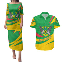 Sao Tome and Principe National Emblem Couples Matching Puletasi and Hawaiian Shirt with Green Yellow Flag Pattern