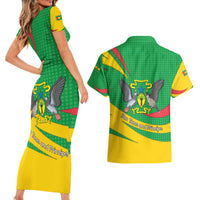 Sao Tome and Principe National Emblem Couples Matching Short Sleeve Bodycon Dress and Hawaiian Shirt with Green Yellow Flag Pattern