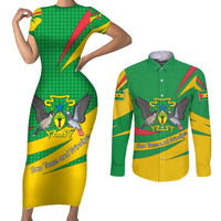 Sao Tome and Principe National Emblem Couples Matching Short Sleeve Bodycon Dress and Long Sleeve Button Shirt with Green Yellow Flag Pattern