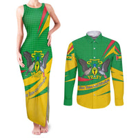 Sao Tome and Principe National Emblem Couples Matching Tank Maxi Dress and Long Sleeve Button Shirt with Green Yellow Flag Pattern