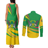 Sao Tome and Principe National Emblem Couples Matching Tank Maxi Dress and Long Sleeve Button Shirt with Green Yellow Flag Pattern