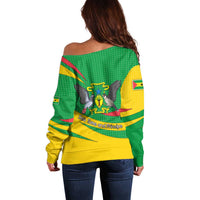 Sao Tome and Principe National Emblem Off Shoulder Sweater with Green Yellow Flag Pattern
