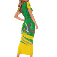 Sao Tome and Principe National Emblem Short Sleeve Bodycon Dress with Green Yellow Flag Pattern