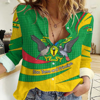 Sao Tome and Principe National Emblem Women Casual Shirt with Green Yellow Flag Pattern