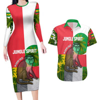 Jungle Spirit Monkey Couples Matching Long Sleeve Bodycon Dress and Hawaiian Shirt with Sao Tome and Principe Tropical Flag Color Blocks