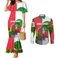 Jungle Spirit Monkey Couples Matching Mermaid Dress and Long Sleeve Button Shirt with Sao Tome and Principe Tropical Flag Color Blocks