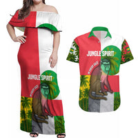 Jungle Spirit Monkey Couples Matching Off Shoulder Maxi Dress and Hawaiian Shirt with Sao Tome and Principe Tropical Flag Color Blocks
