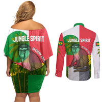 Jungle Spirit Monkey Couples Matching Off Shoulder Short Dress and Long Sleeve Button Shirt with Sao Tome and Principe Tropical Flag Color Blocks