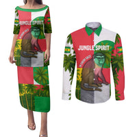 Jungle Spirit Monkey Couples Matching Puletasi and Long Sleeve Button Shirt with Sao Tome and Principe Tropical Flag Color Blocks