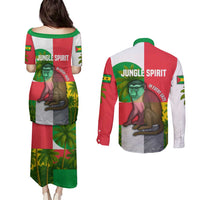 Jungle Spirit Monkey Couples Matching Puletasi and Long Sleeve Button Shirt with Sao Tome and Principe Tropical Flag Color Blocks