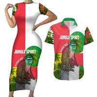 Jungle Spirit Monkey Couples Matching Short Sleeve Bodycon Dress and Hawaiian Shirt with Sao Tome and Principe Tropical Flag Color Blocks