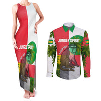 Jungle Spirit Monkey Couples Matching Tank Maxi Dress and Long Sleeve Button Shirt with Sao Tome and Principe Tropical Flag Color Blocks