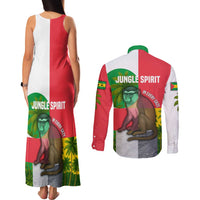 Jungle Spirit Monkey Couples Matching Tank Maxi Dress and Long Sleeve Button Shirt with Sao Tome and Principe Tropical Flag Color Blocks
