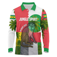 Jungle Spirit Monkey Long Sleeve Polo Shirt with Sao Tome and Principe Tropical Flag Color Blocks