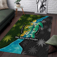 Sea Turtle Sao Tome and Principe Area Rug with Ocean Tide and Tropical Palm Design